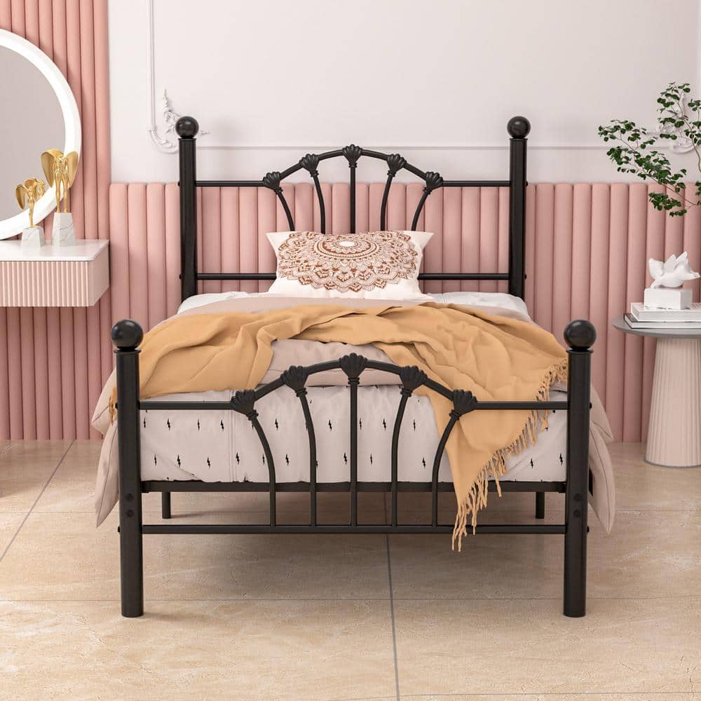 Bed Frame Black Metal Frame Twin Platform Bed with Shell Headboard Heavy Duty Slats, 12.6" Storage, No Box Spring Needed