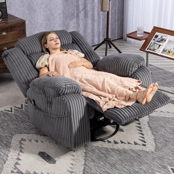 Grey Swivel Corduroy Recliner Rocking Chair with Massage and Heating