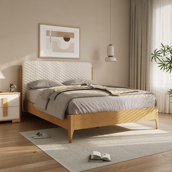 Beige Quilted Upholstered Headboard with Rubberwood Frame Queen Platform Bed