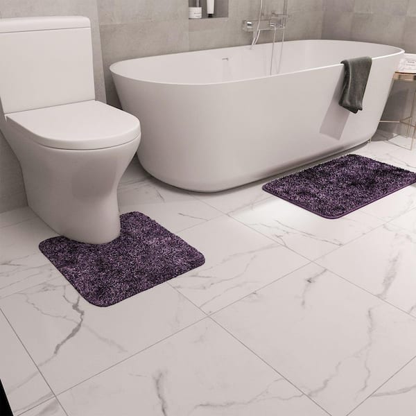 Purple 3-Piece Shaggy Purple Bath Mat Set, Quick Water Absorption Bathroom Rug Sets for Tub Shower, Vanity & Toilet Base