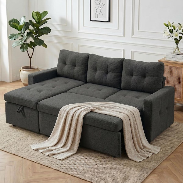 80.7 in.Grey Teddy Fleece 3-Seater Full Size Pull Out Sleeper Sofa Bed with Storage