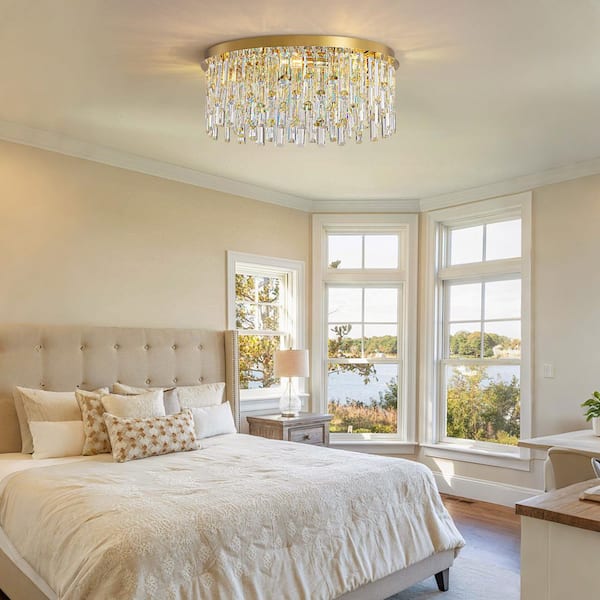 7-Light Gold Crystal Round Flush Mount Chandelier with Modern Luxury for Dining Room, Living Room, Bedroom, or Entryway