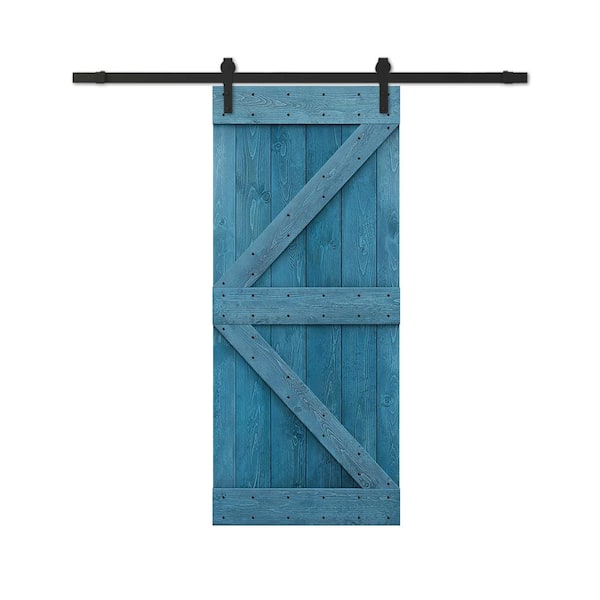 CALHOME 26 in. x 84 in. Ocean Blue Stained DIY Wood Interior Sliding Barn Door with Hardware Kit