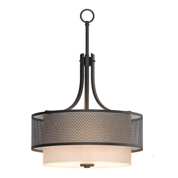 Home Decorators Collection Summit Collection 3-Light Bronze Mesh Pendant with Inner Cream Fabric Shade