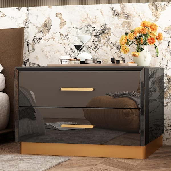 FUFU&GAGA Black 2-Drawer 23.6 in. W x 21.3 in. D x 15.7 in. H Nightstands with Clear Mirrored Drawers Bed Side Table