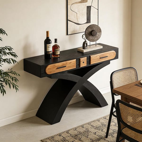 47.2 in. Beige Brown Rectangle Wood Top Console Table with Cross Leg