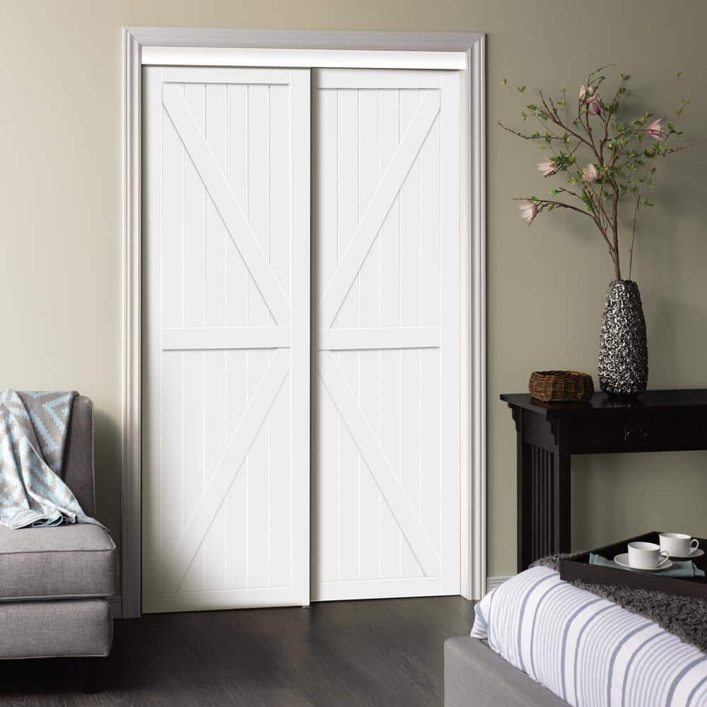 Pure White MDF Wood Traditional Barn Style Sliding Closet Doors