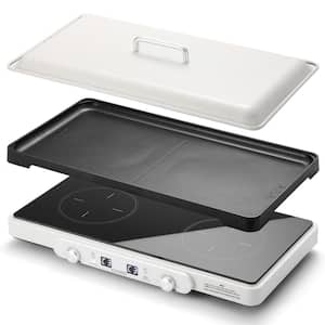 2 Burners Electric Induction Cooktop, 5.1 in. Hot Plate, with Removable Cast Iron Griddle Pan Non-Stick, Ivory White