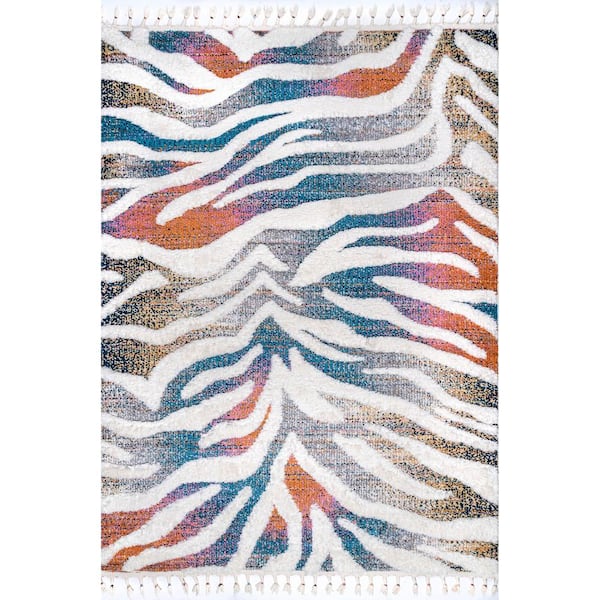 nuLOOM Luci Zebra Striped Shag Ivory 6 ft. 7 in. x 9 ft. Area Rug