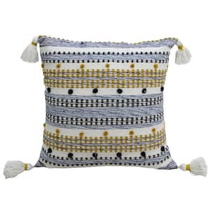 Multi-Color Designer 20 in. x 20 in. Striped Pillow with Mini Poms and Tassels