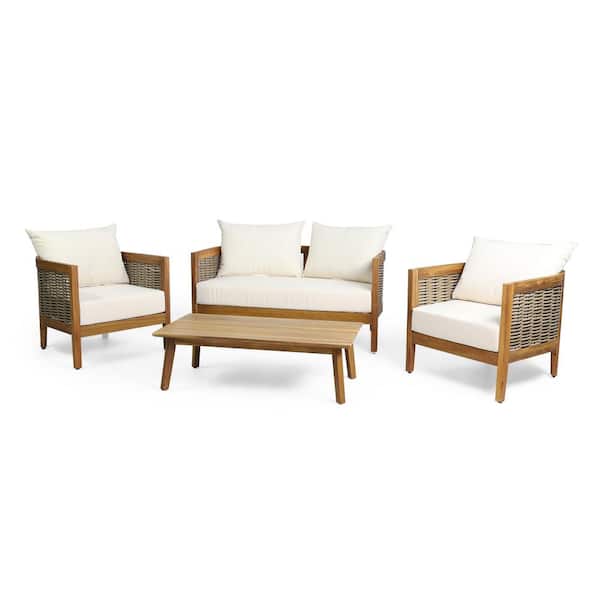 Noble House Rattler 4-Piece Wood Outdoor Patio Conversation Set with Beige Cushions