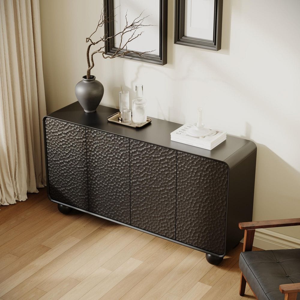 Linnaeus Rectangle Black Wood Sideboard Buffet Cabinet with 4 Doors, Curved Profile Design