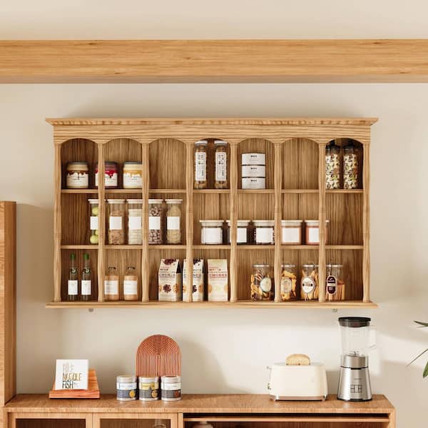 31.5 in. H Yellow Wood Grain Close Back Wood Frame Wall-Mounted Food Pantry Cabinet, Sideboard Rack For Bottles and Cups