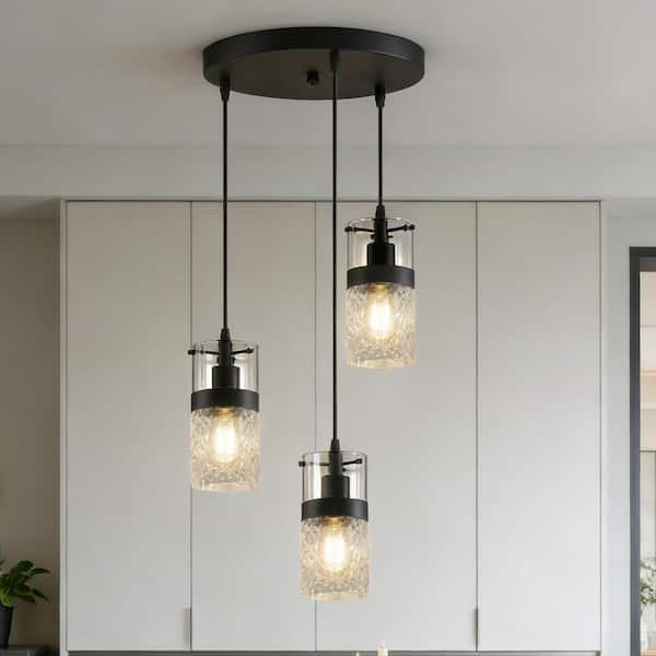 12 in. 3-Light Black Cluster Pendant Light,Adjustable Kitchen Hanging Light with Clear Hammered Glass Shades for Kitchen
