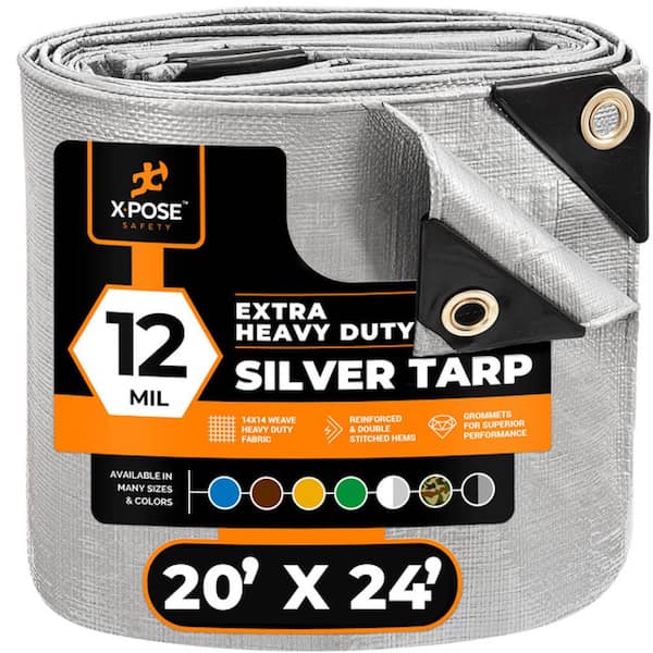 XPOSE SAFETY Heavy-Duty Silver Poly Tarp 20 ft. x 24 ft. Multi-Purpose Protective Cover Durable Extra Thick 12 Mil Polyethylene