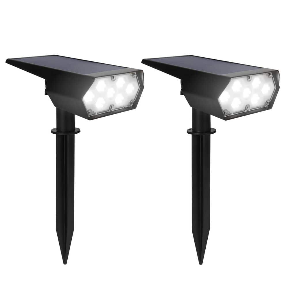 TECHKO 60 Lumens Matte Black Solar LED Outdoor Spotlight with Multiple Lighting Modes, Wall/Ground-Stake Installation (2-Pack)