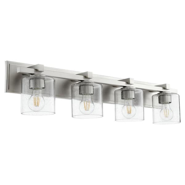 Kaplan Soft Contemporary 33 in. Width in. 4-Lights Satin Nickel Finish, Vanity Light with Seeded Glass Shades.
