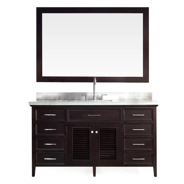 Ariel Kensington 61 in. W x 22 in. D x 36 in. H Bath Vanity in Espresso with Carrara White Marble Top and Mirror