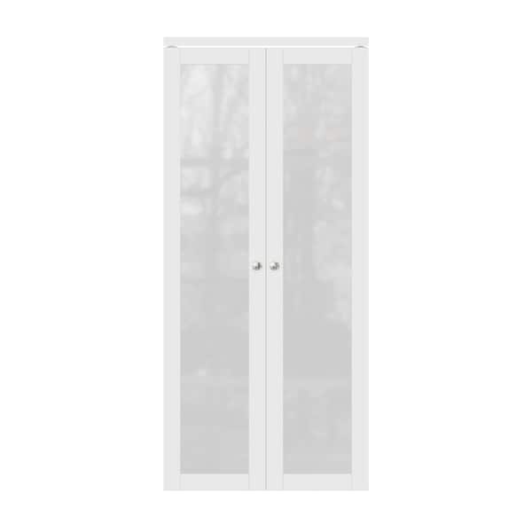 ARK DESIGN 36 in. x 80 in. 1-Lite Frosted Glass Solid Core White Finished MDF Pantry Pivot Bi-fold Door with Pivot Hardware