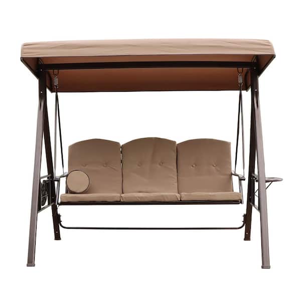 Unbranded 3 Seat Steel Frame Outdoor Patio Porch Swing Chair with Beige Removable Cushion and Pillow