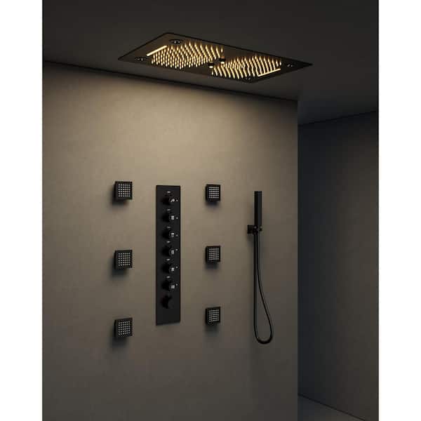 Bluetooth Music and LED Mood Lighting 6-Spray 28 in. x 16 in. Ceiling Mount Dual and Hand Shower 2.5 GPM in Matte Black