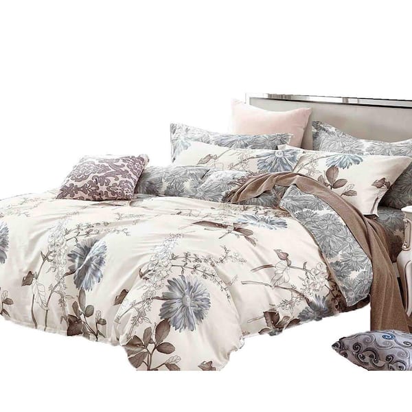 Unbranded 3-Piece Cream and Blue Gray Cotton King Duvet Cover Set