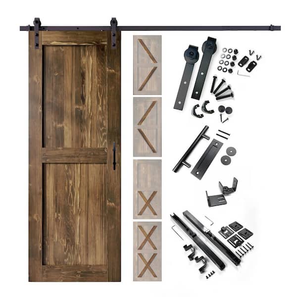 HOMACER 34 in. x 80 in. 5-in-1 Design Walnut Solid Pine Wood Interior Sliding Barn Door with Hardware Kit, Non-Bypass