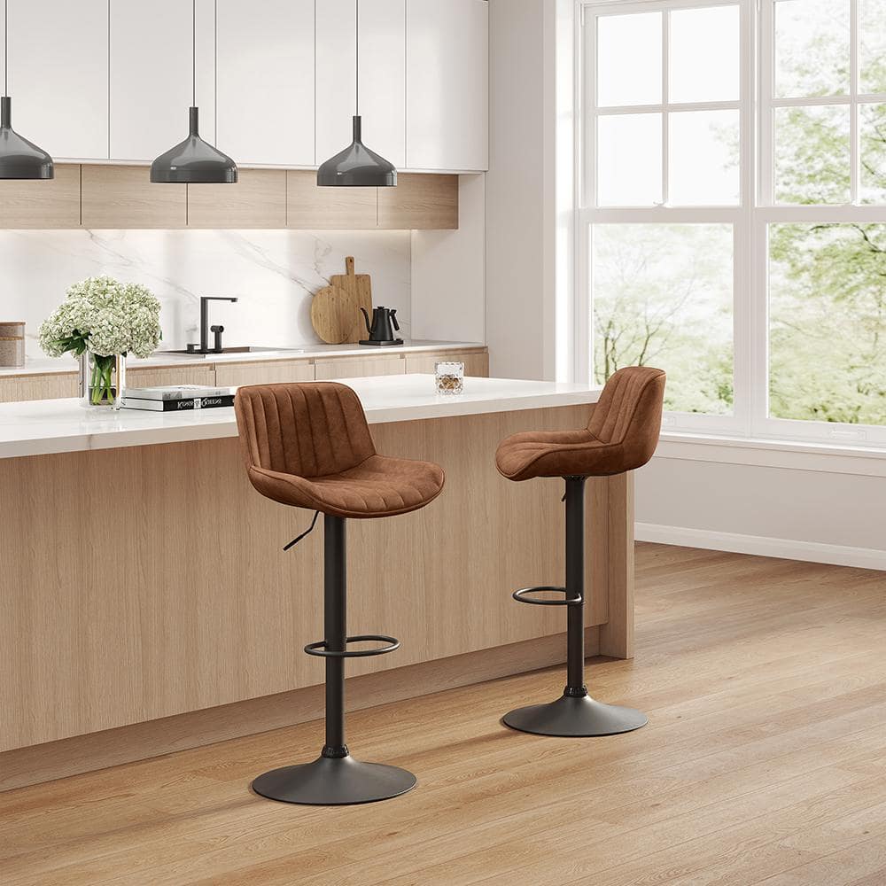 Cognac Faux Leather Adjustable Swivel Bar Stools with Black Base, Set of 2