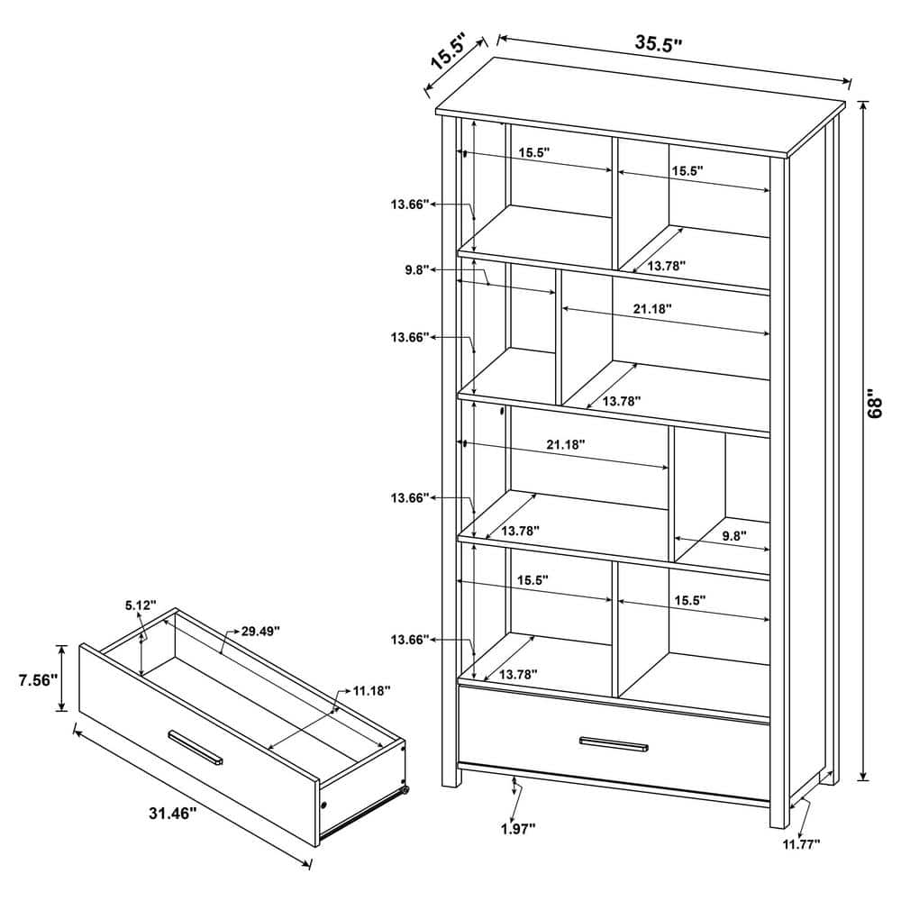 Contemporary White 8-Shelf Bookcase with Sleek Storage Drawer