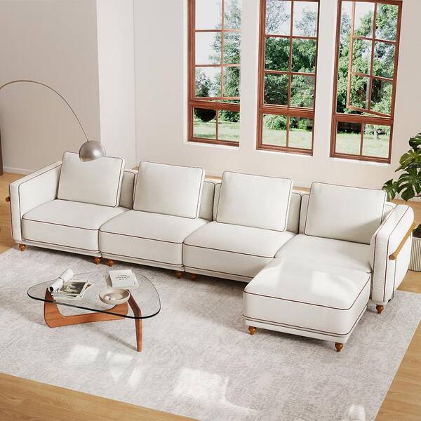 Tony 157.48 in. Linen Upholstered L-Shaped Cloud Sectional Sofa in. White with Ottoman