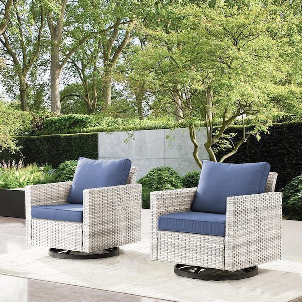 Pocassy 2-Piece LightBeige Wicker Patio Swivel Outdoor Rocking Chair Set with Blue Cushions