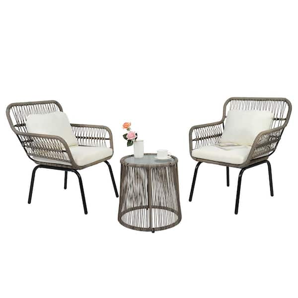 VINGLI Tan 3-Piece Wicker Outdoor Bistro Set with White Cushions Glass Tabletop