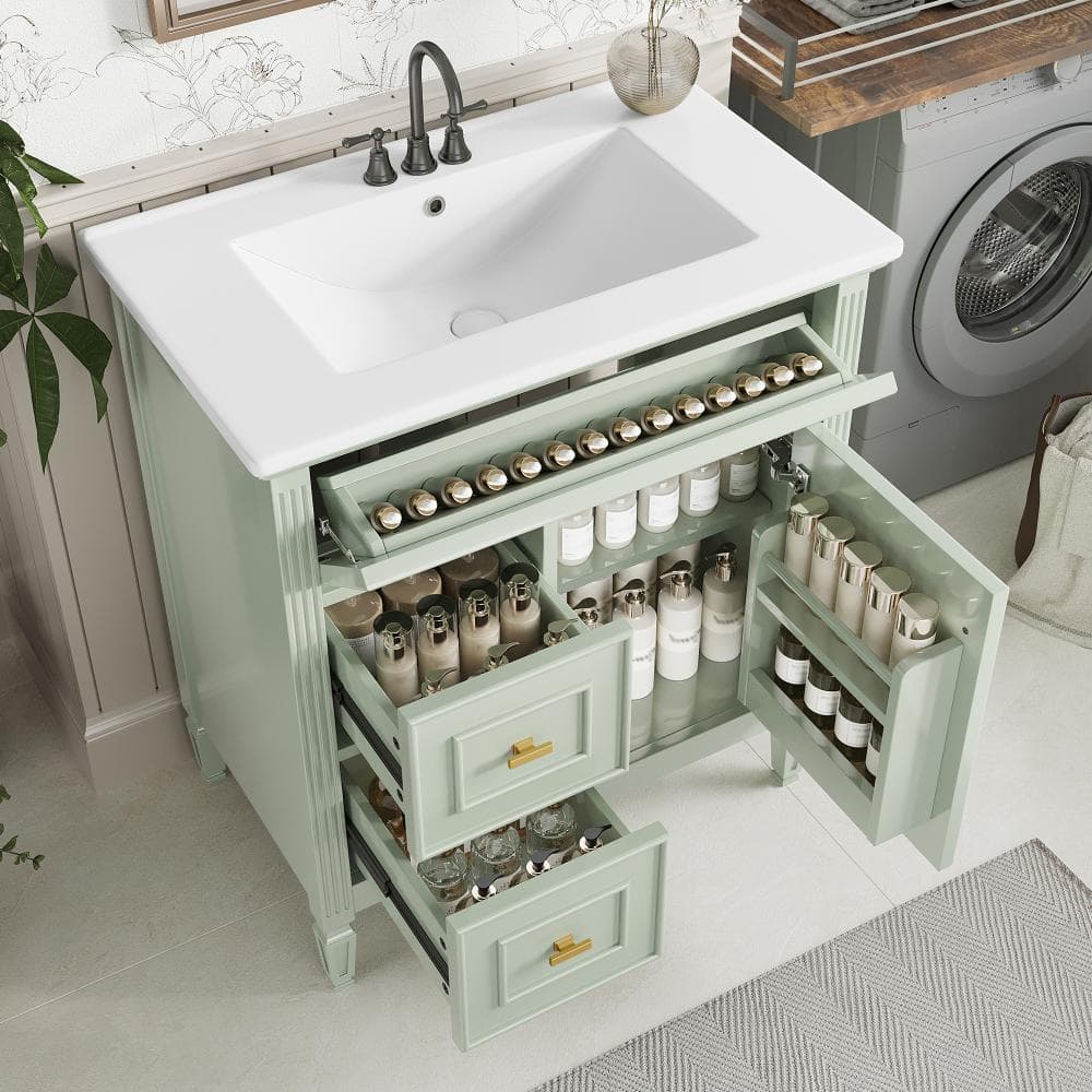 30″ Green Bathroom Vanity with Sink, Flip Drawer, 2 Drawers, Adjustable Shelf, Solid Wood & MDF price history on PriceWatchPro