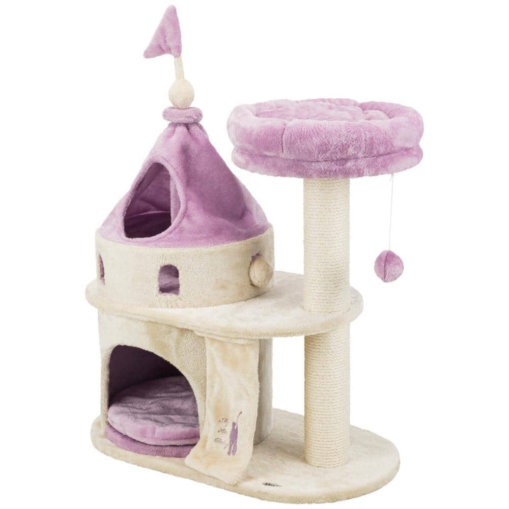 Beige and Lilac Plush Castle Cat Tree with Sisal Post