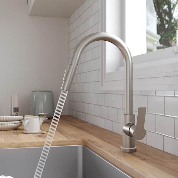 Single-Handle Pull Down Kitchen Faucet with FastMount and LED Temperature Indicator in Brushed Nickel