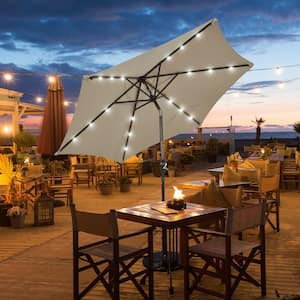 9 ft. Iron Market Solar Tilt Patio Umbrella in Tan with LED Lights