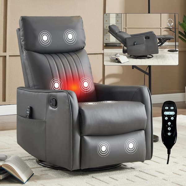aisword Grey 360° Swivel Manual Faux Leather Recliner Rocker Chair