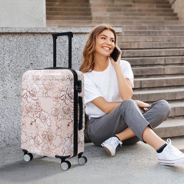 INNOBULE 5 Pieces Luggage Set Pink Flower Polycarbonate Hardside w