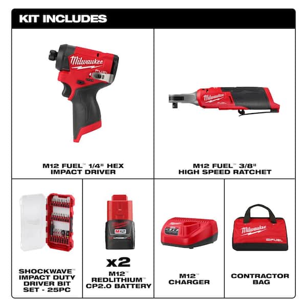 M12 FUEL 12V Li-Ion Cordless 3/8 in. Ratchet & 1/4 in. Impact Driver Combo Kit (2-Tool) w/Batteries, Charger & Bit Set