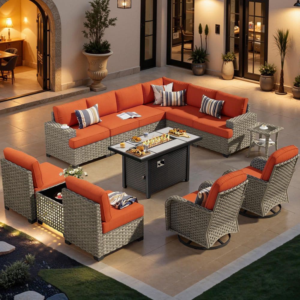 Royale 13-Pieces Wicker Outdoor Patio 42in. Rectangular Fire Pit Set and Swivel Rocking Chairs with Orange Red Cushions price history on PriceWatchPro