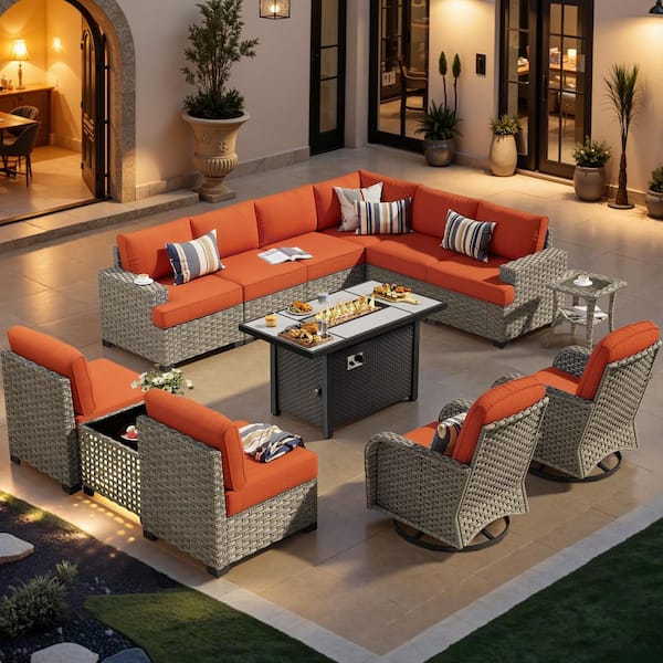 Royale 13-Pieces Wicker Outdoor Patio 42in. Rectangular Fire Pit Set and Swivel Rocking Chairs with Orange Red Cushions