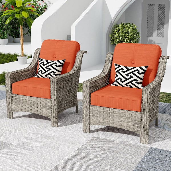 Ergonomic Arm 2-Piece Gray Wicker Outdoor Lounge Single Chair Patio Dining Chairs with Stripe Orange Red for Backyard