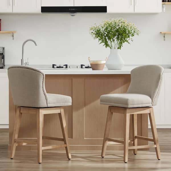 Spruce & Spring 26 in. Elsie Tan High Back Wood Swivel Counter Stool with Fabric Seat (Set of 2)