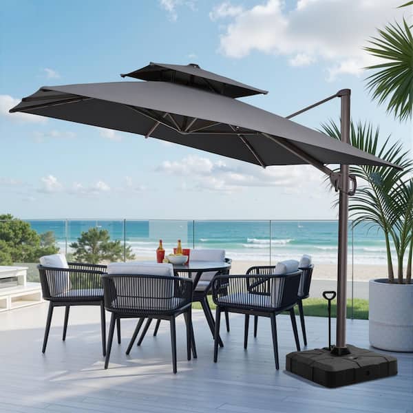 Pellebant Double Top 9.5 ft. Square Aluminum Outdoor 360° Rotation Cantilever Offset Patio Umbrella in Gray With 300 lbs. Base