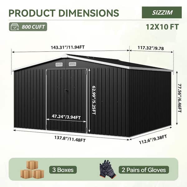 Sizzim 12 ft. W x 10 ft. D Outdoor Black Metal Storage Shed