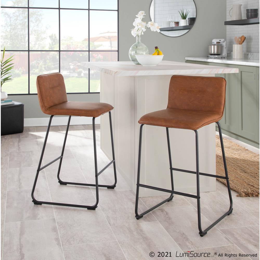 Camel Faux Leather and Black Metal Counter Stools, Set of 2