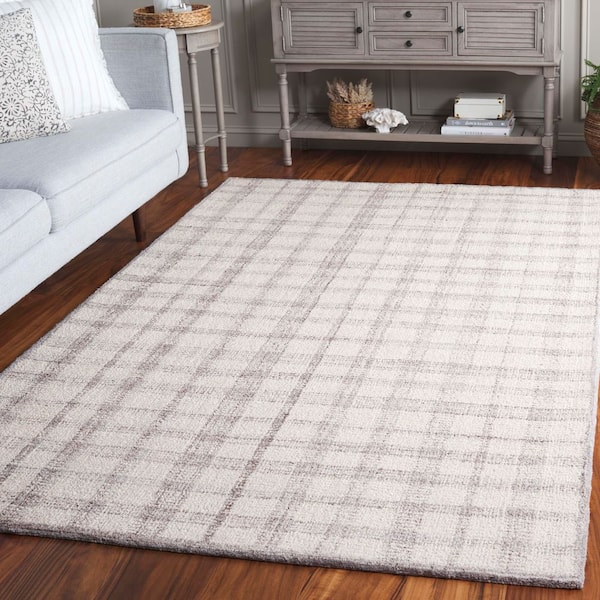Abstract 5 ft. x 8 ft. Ivory/Silver Border Plaid Area Rug