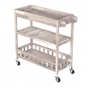 3 Tier Large Solid Acacia Kitchen Cart, Organic White, with Tray