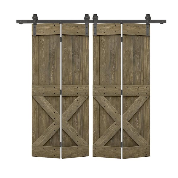 CALHOME 52 in. x 84 in. Mini X-Solid Core Aged Barrel-Stained DIY Wood Double Bi-Fold Barn Doors with Sliding Hardware Kit