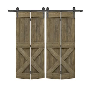 56 in. x 84 in. Mini X Solid Core Aged Barrel Stained DIY Wood Double Bi-Fold Barn Doors with Sliding Hardware Kit